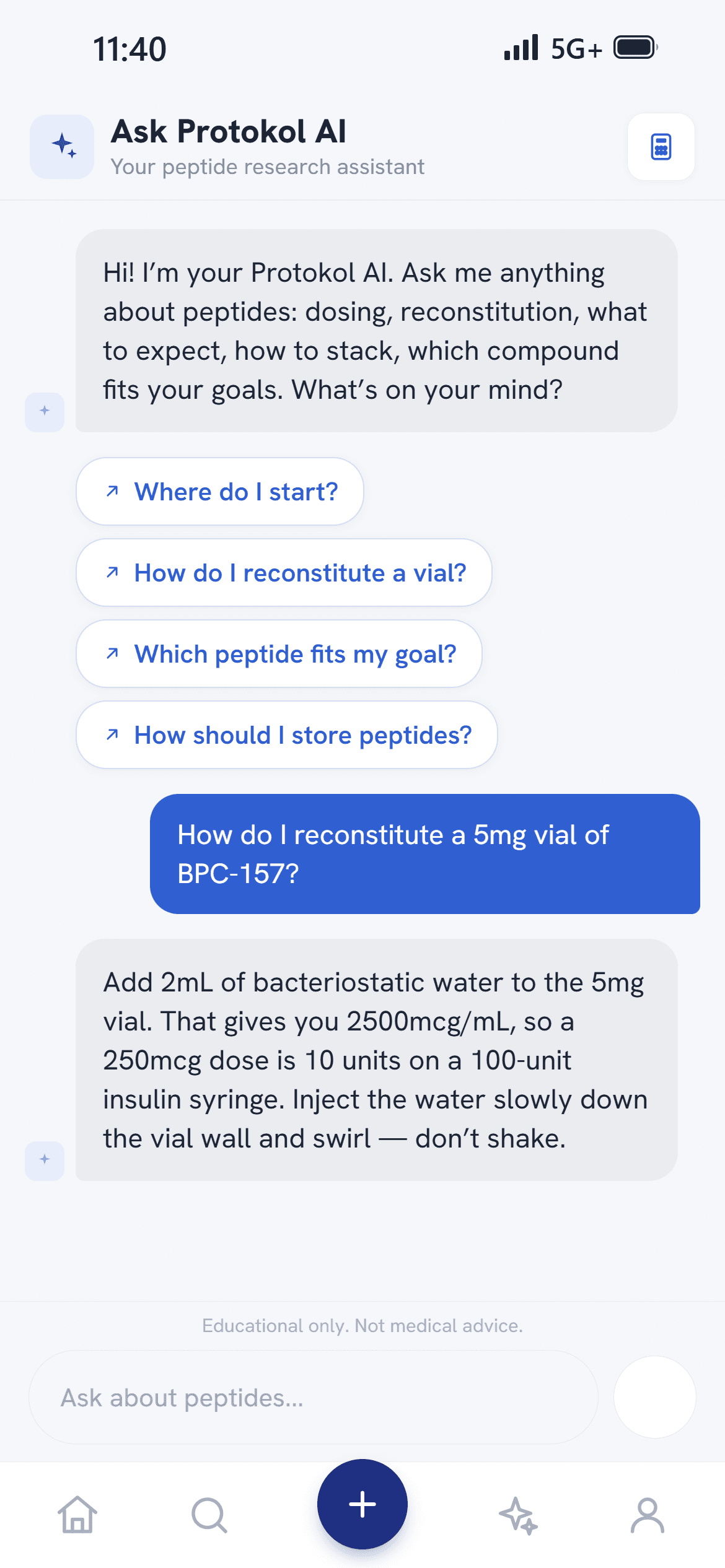The Ask Protokol AI chat, answering a question about reconstituting a BPC-157 vial